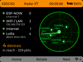 A T-Deck screen: a green radar sweeps over the stations in reach, then the chat, stats, reachable, traffic, this-device and settings panels.
